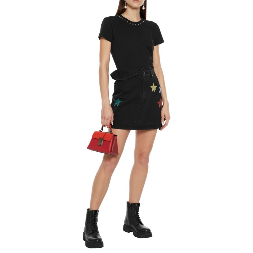 VALENTINO GARAVANI Embellished Ruffle-Trimmed Denim Mini Skirt Size 36 - Picture 2 of 10